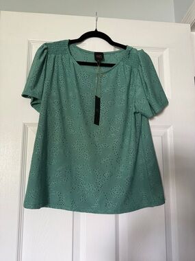W5 Mint Green Eyelet Smocked Shoulder Top